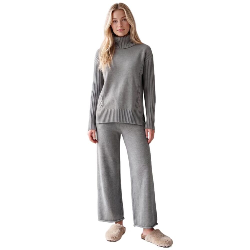 Womens 2 Piece Cable Knit Turtleneck and Wide Leg Pants Outfit Gray